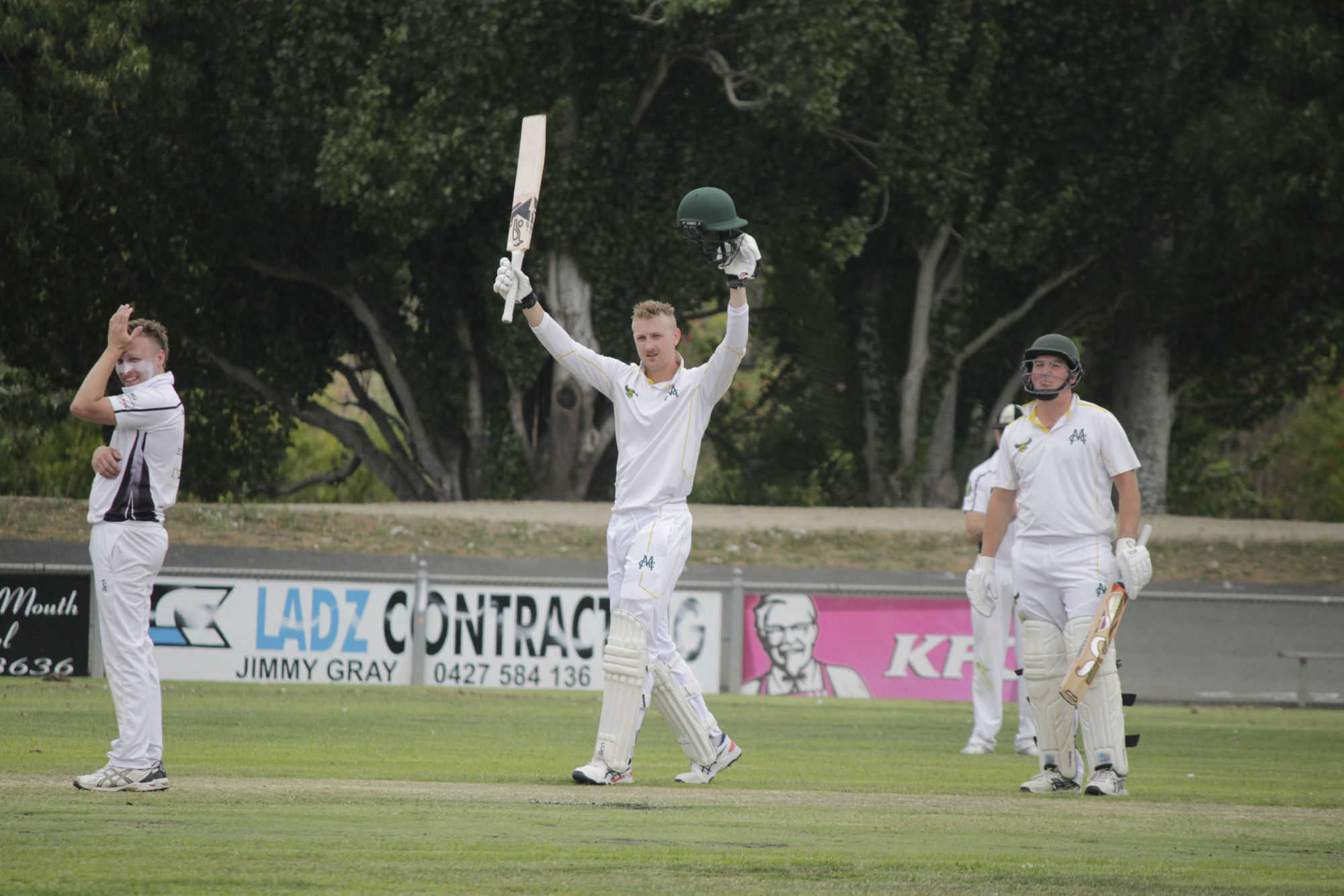Mitch McClure celebrates after bringing up his century in Maryborough’s win over Clunes. Photo: 310123 21