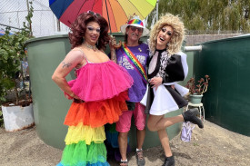 Event volunteer Skip Pearson with guest Drag Queens Alexis Spread and Gabriella Labucci. Photo: 310123 20