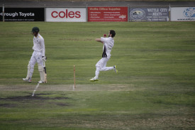 Riley Coppick steams in to bowl for Clunes. Photo: 310123 24