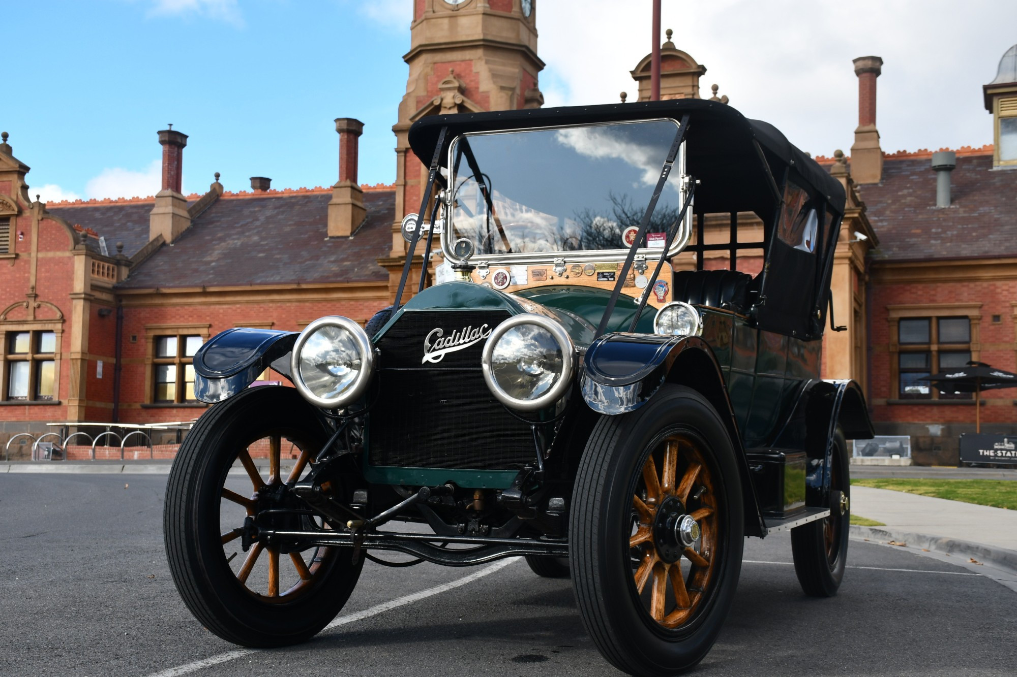 Event organiser Scott Emmerson’s 1912 Cadillac outside the Maryborough Railway Station.