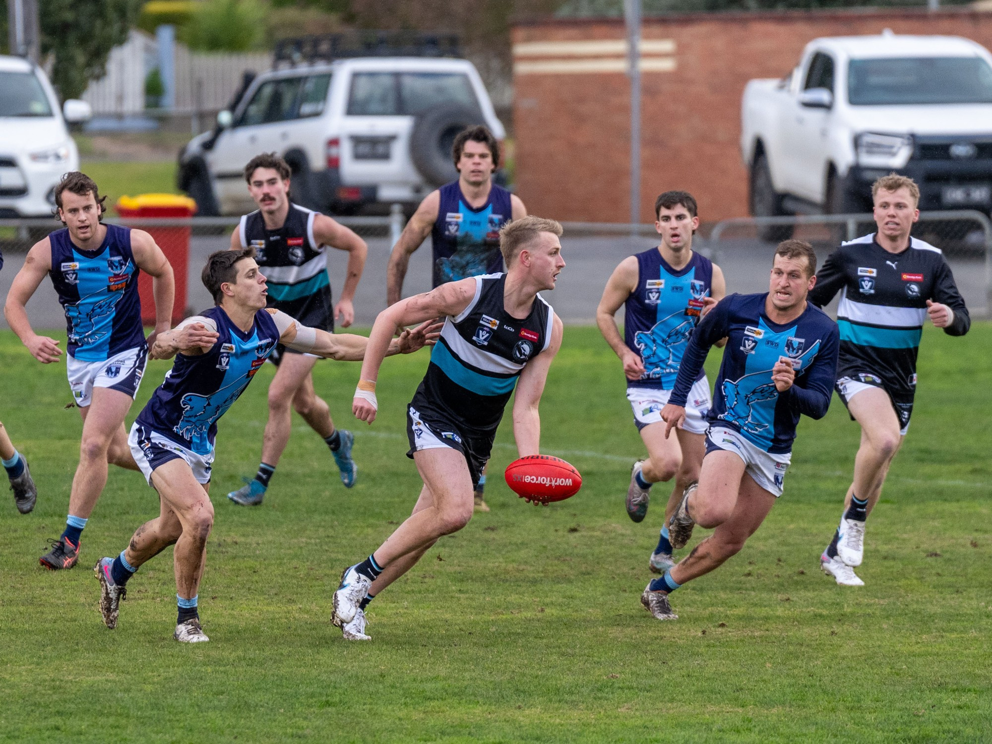 Kaian Constable had to fend off Eaglehawk pressure to win the football. Photo: 110723 13