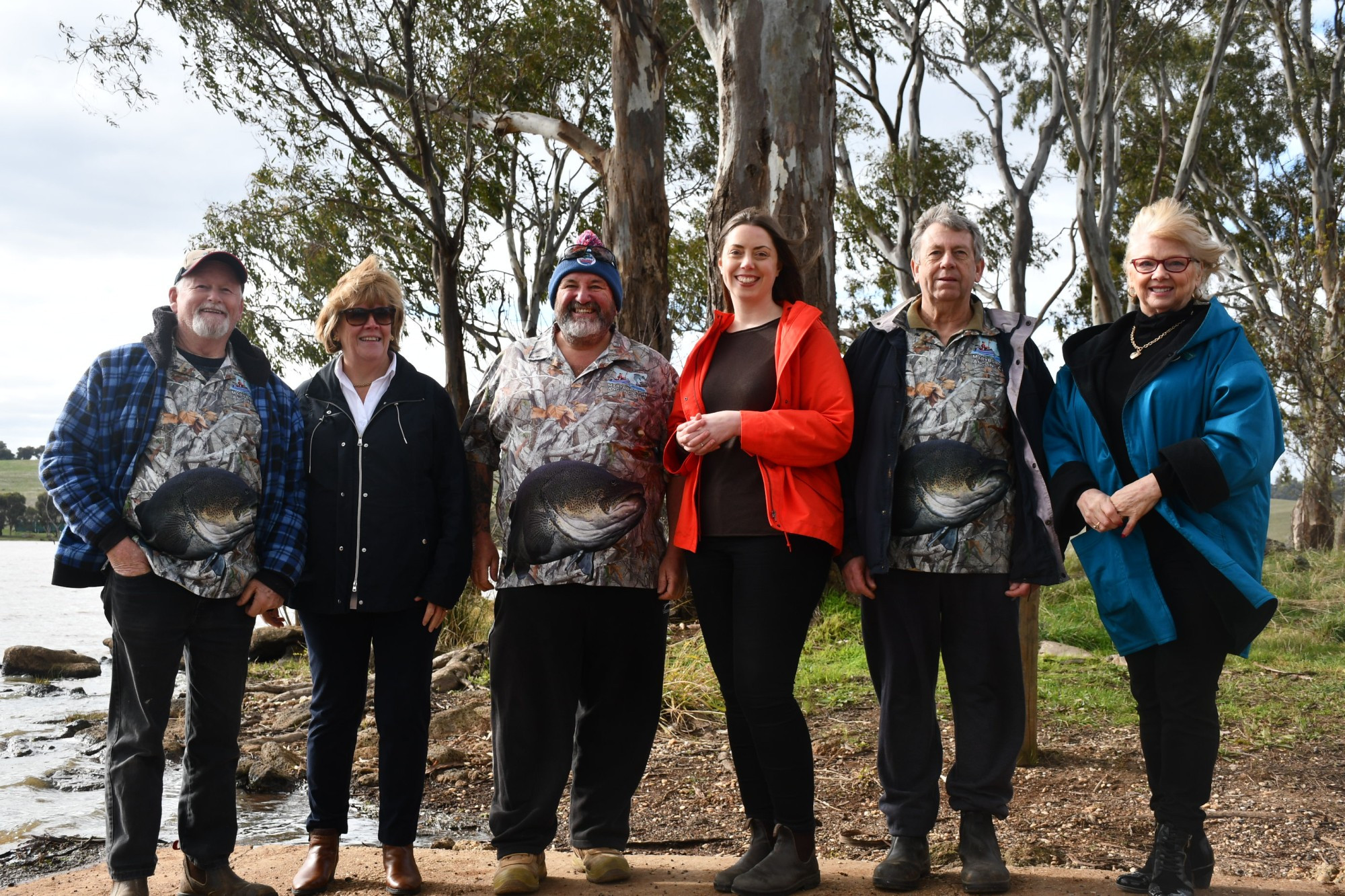 Maryborough Angling Club’s John Gray, Kevin Wild and Trevor Perry welcomed the funding announcement alongside Central Goldfields Shire Cr Anna De Villiers, Member for Ripon Martha Haylett and mayor Grace La Vella. Photo: 140723 15