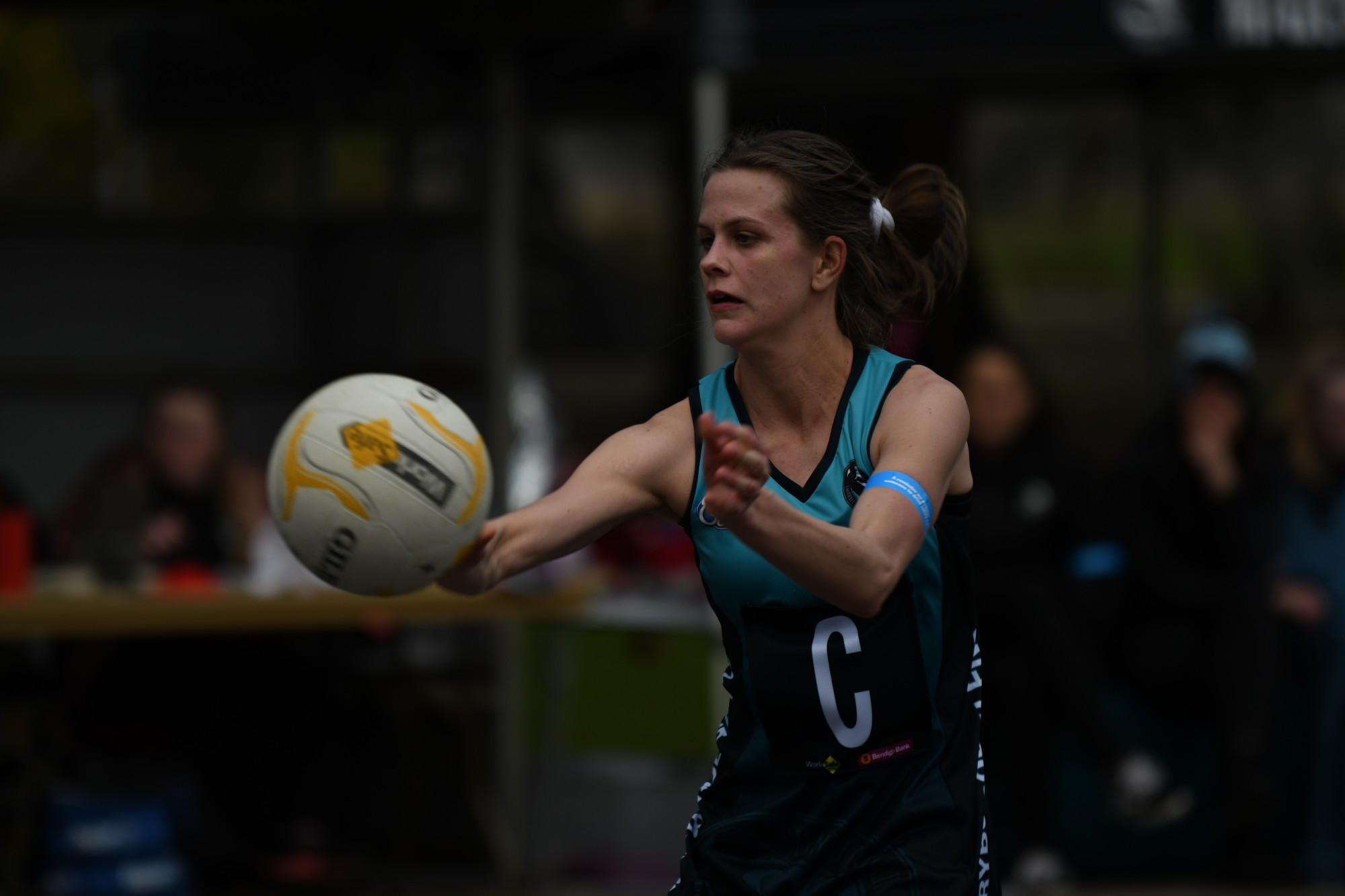 Emily Swan looks to move the ball into the Magpies’ forward third. Photo: 250723 23