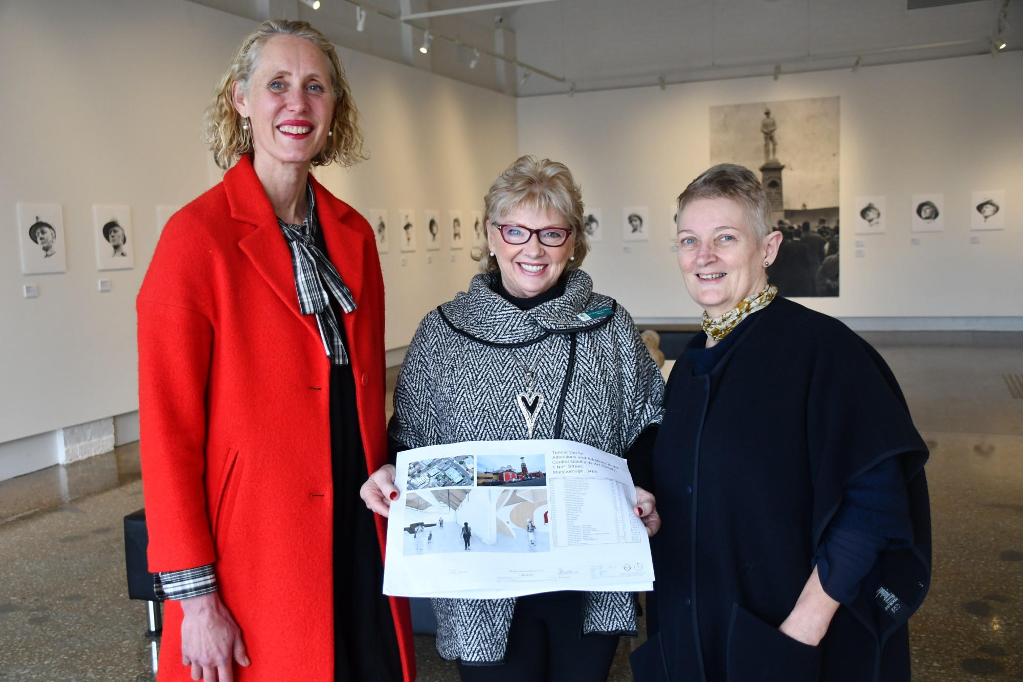 Central Goldfields Art Gallery coordinator Helen Kaptein, mayor Grace La Vella and council’s manager tourism, events and culture Rosalie Hastwell in the new gallery space.