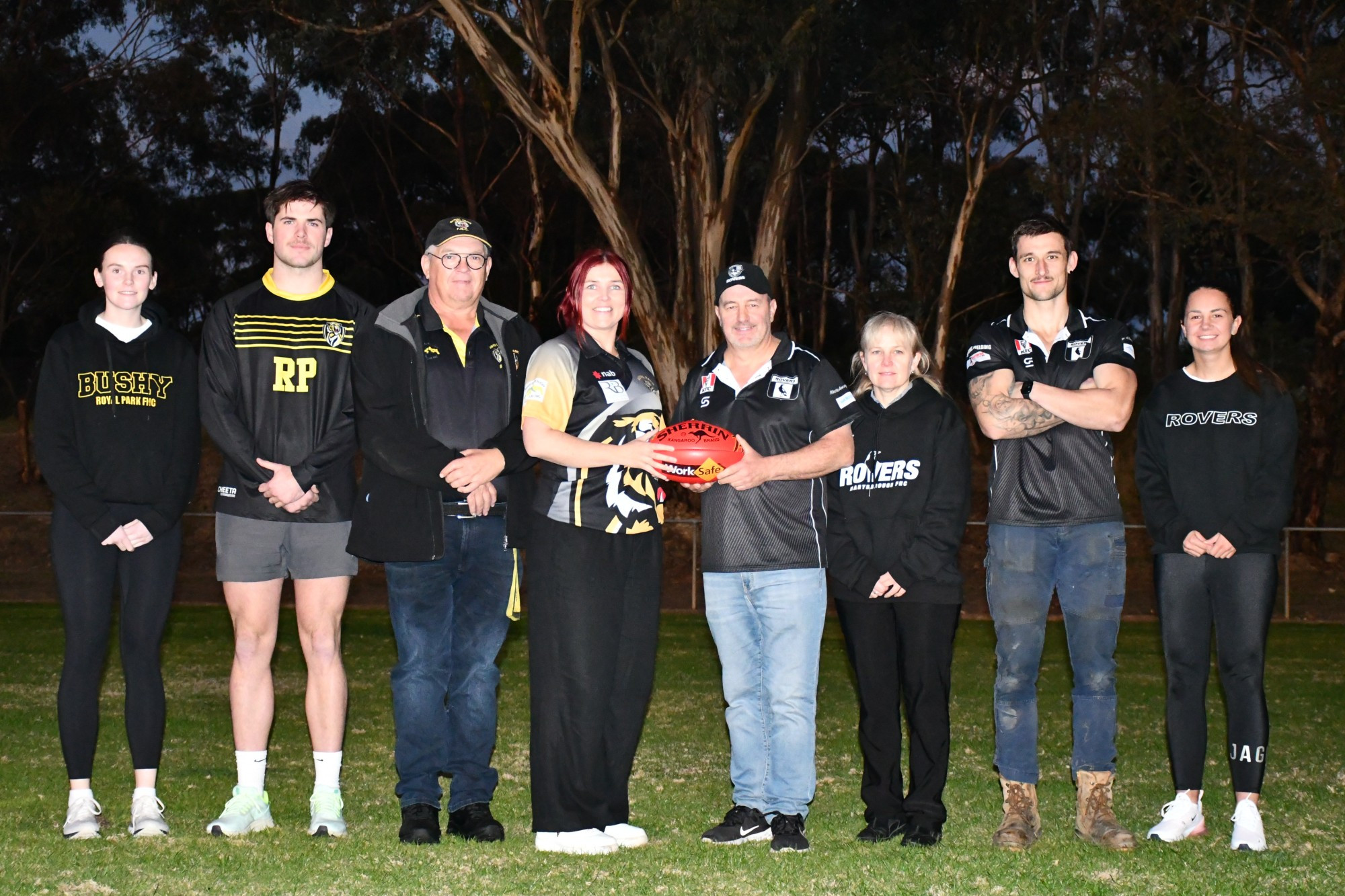 From left to right, representing Royal Park: Abbey Devereaux, Declan Wagstaff, life member Stephen McMasters and president Kate Balzan; representing Maryborough Rovers: vice-president Mark Raven, life member Nicole Summers, Kieran Johns and Ebony Raven. Photo: 020623 12