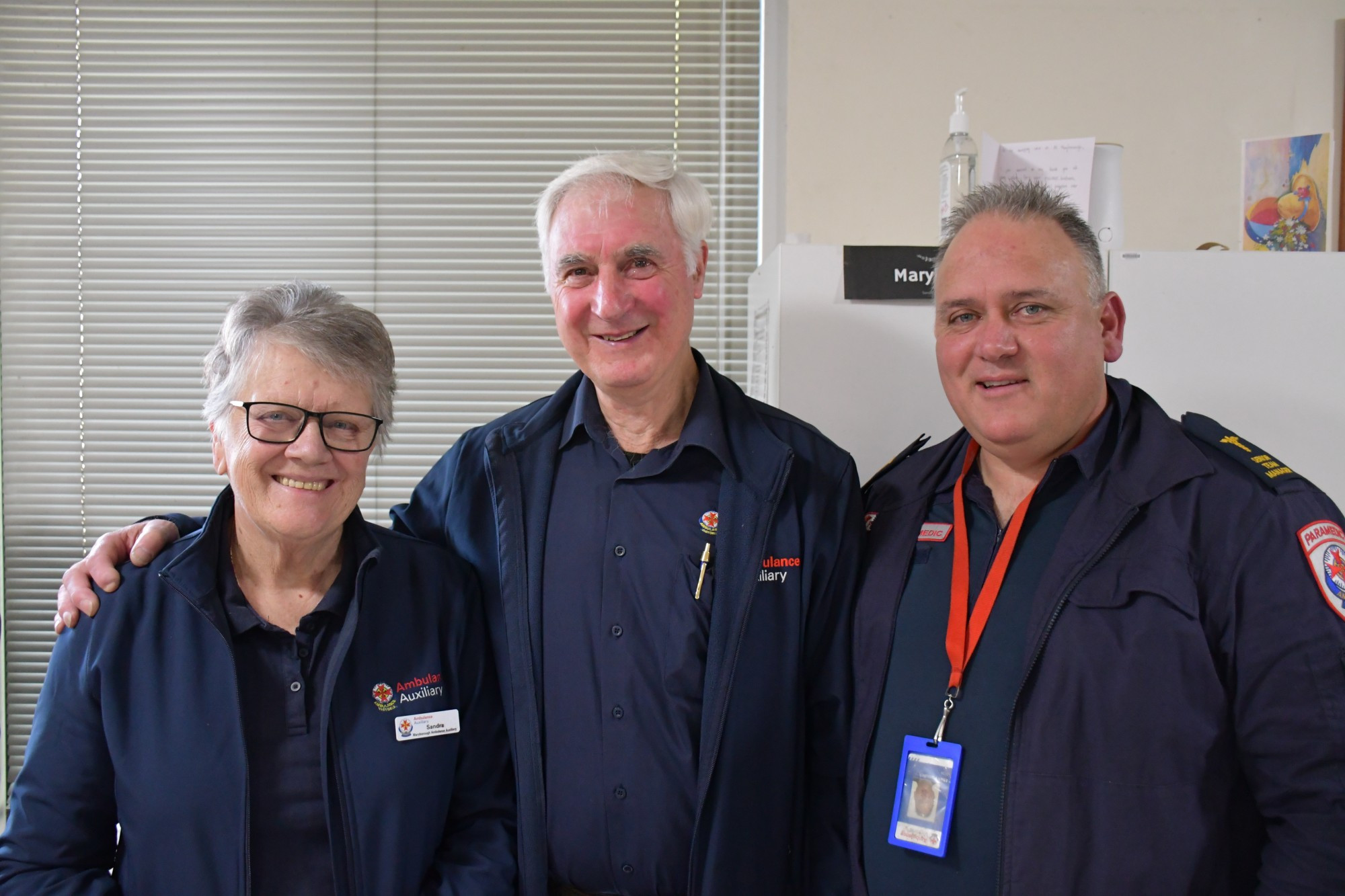 Maryborough Ambulance Auxiliary’s Sandra Field, Dan Mullins and Ambulance Victoria’s Maryborough team manager Mark Passalick on Wednesday.