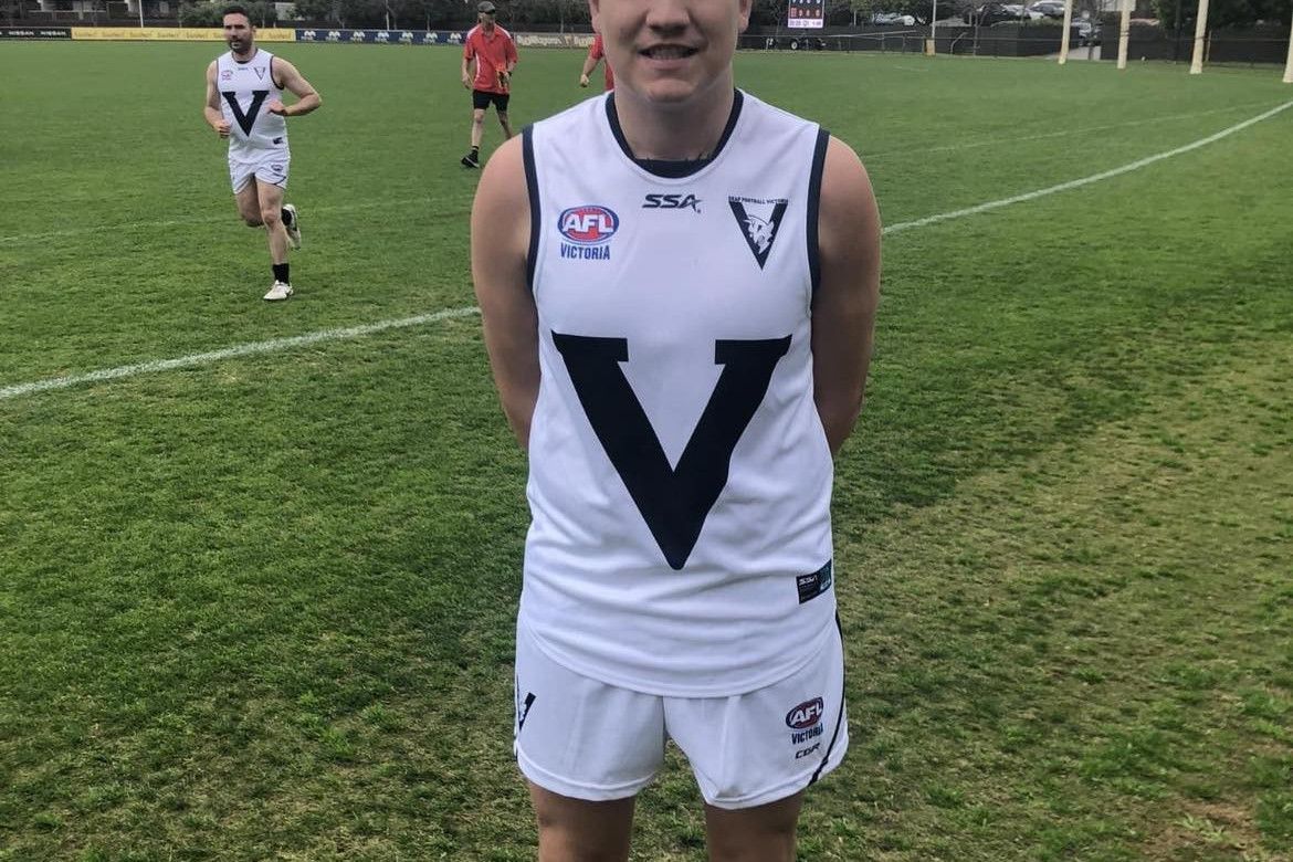 Royal Park’s Cohan Partridge representing the Big V in their deaf football match on the King’s Birthday weekend. Photo: Supplied