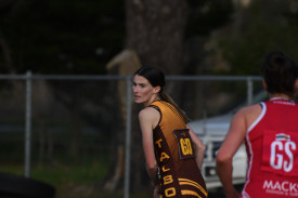 Amanda Swanson looks to get Talbot out of danger in their defensive half. Photo: 270623 11