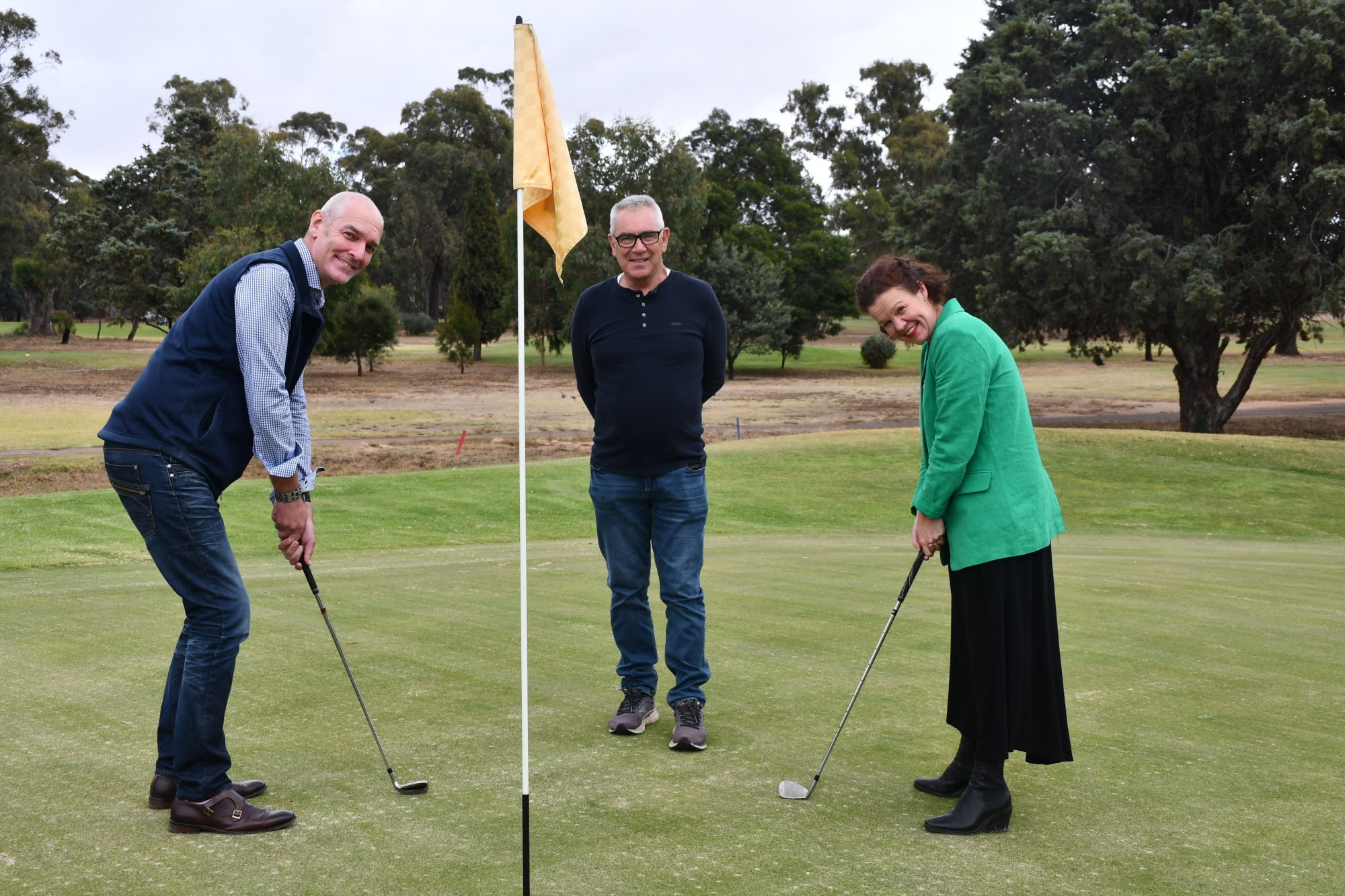 True Foods managing director Mark Thurlow, Maryborough Golf Club’s Atrel Turner and Maryborough District Health Service CEO Nickola Allan are ready for the MDHS annual Charity Golf Day, which will be aiming to raise $30,000 in support of aged care residents living at Wattle Rise. Photo: 100323 04