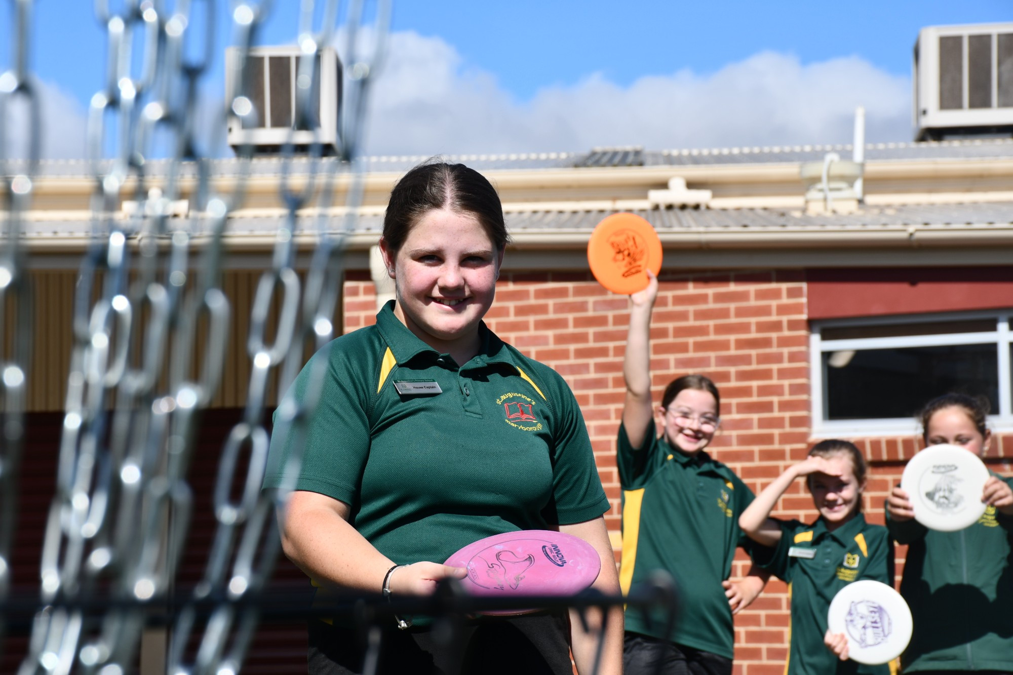 Disc-tinctly fun, St Augustine’s Primary School’s Millie, Airlie, Pippa and Rose are playing Frisbee Golf — which is one of the many activities families can take up at the Goldfields Community Festival this weekend. Photo: 140323 21