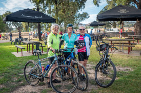 Catriona Stobo (Malvern), Fiona Biss (Frankston) and Mary Leworthy-Woodward (Seaford) travelled to the Pyrenees for the day. Photo: 240323 19