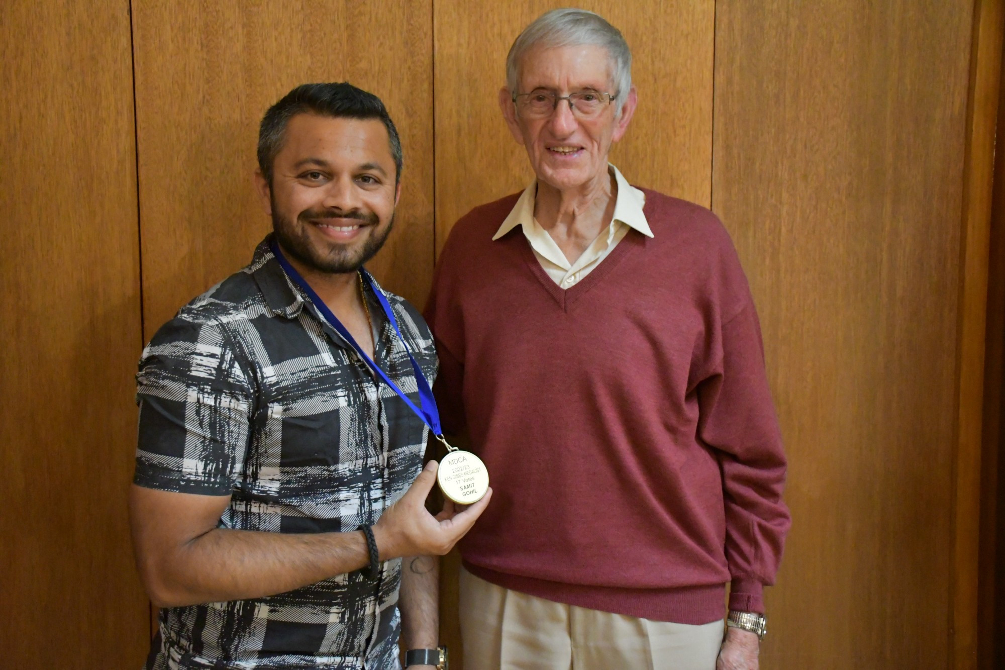 Laanecoorie Dunolly’s Samit Gohil with Ken Gibbs, after Gohil won the medal named in Gibbs’ honour. Photo: 240323 04