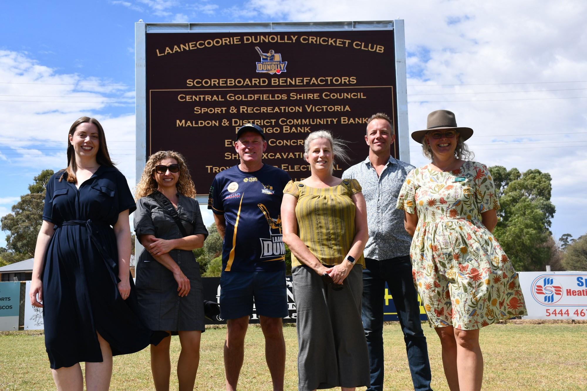 Member for Ripon Martha Haylett, Carmel Pethick, Laanecoorie Dunolly Cricket Club president Ralph Williams, Central Goldfields Shire Council CEO Lucy Roffey, Bendigo Community Bank Maldon and District Branch’s Ross Egleton and councillor Liesbeth Long were all in attendance for the launch of the new scoreboard at Deledio Reserve. Photo: 240323 16