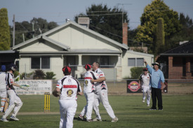 James Adam celebrates a much-needed wicket for Carisbrook in their A reserve grand final win over Colts Phelans. Photo number: 310323 04