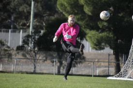 Bayden MacIntyre clears the ball away from a goalkick. Photo: 020523 10