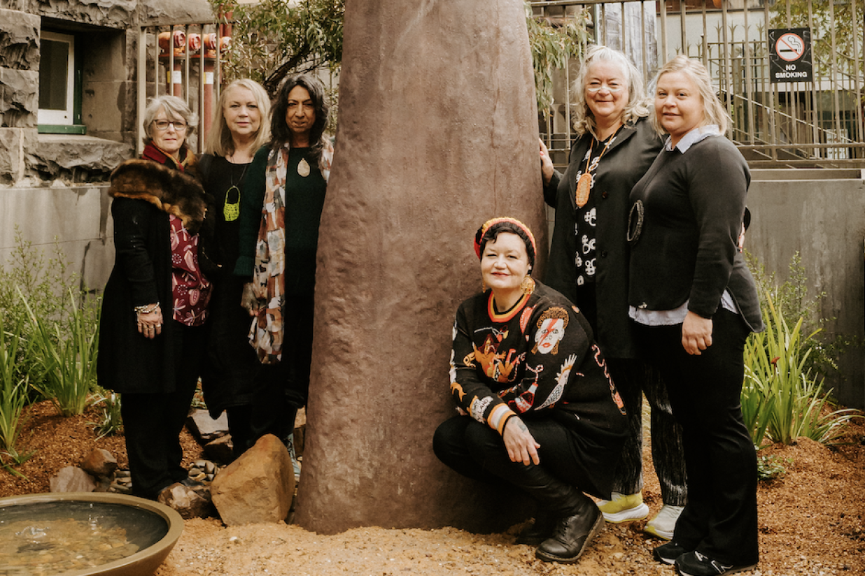 Local artist Georgia MacGuire (kneeling) was one of six Indigenous women artists — Trina Dalton-Oogjes, Lorraine Brigdale, Glenda Nicholls, Janet Bromley and Annie Brigdale — who’s sculpture, Creative Resilience, is now proudly displayed in Melbourne.