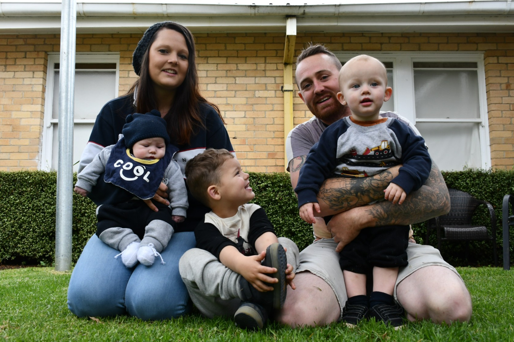 Tash Hendrickson with newborn baby Lynkoln, Logan, partner Jayden Perry and Colton. Photo: 160523 01