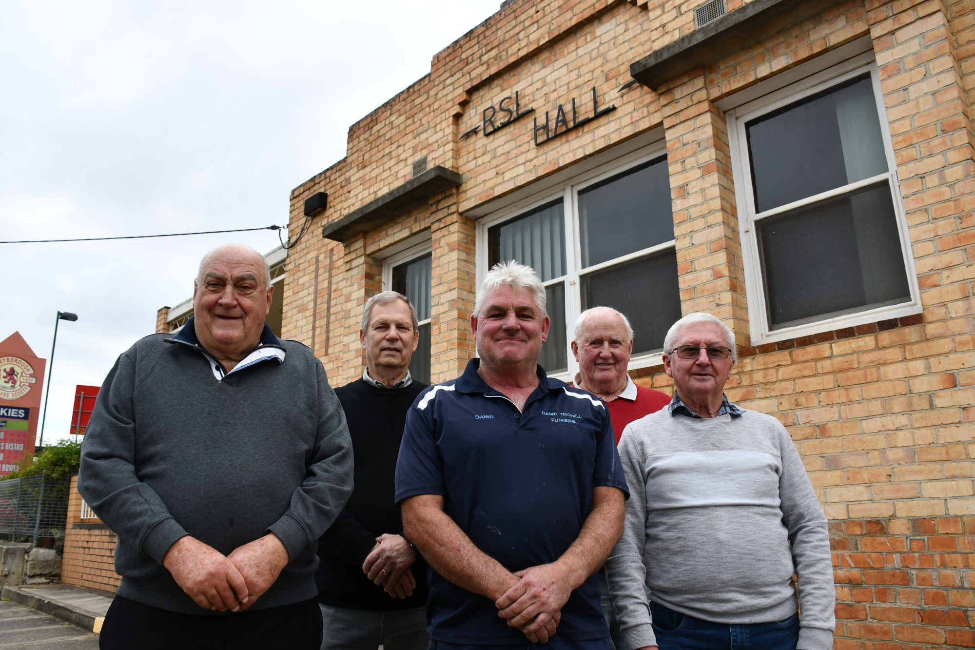 Danny McIver, Ben Holscher, Danny Tatchell, John Gault and Garry Mayall in front of the local RSL hall which is set to be spruiked up thanks to more than $40,000 in funding.