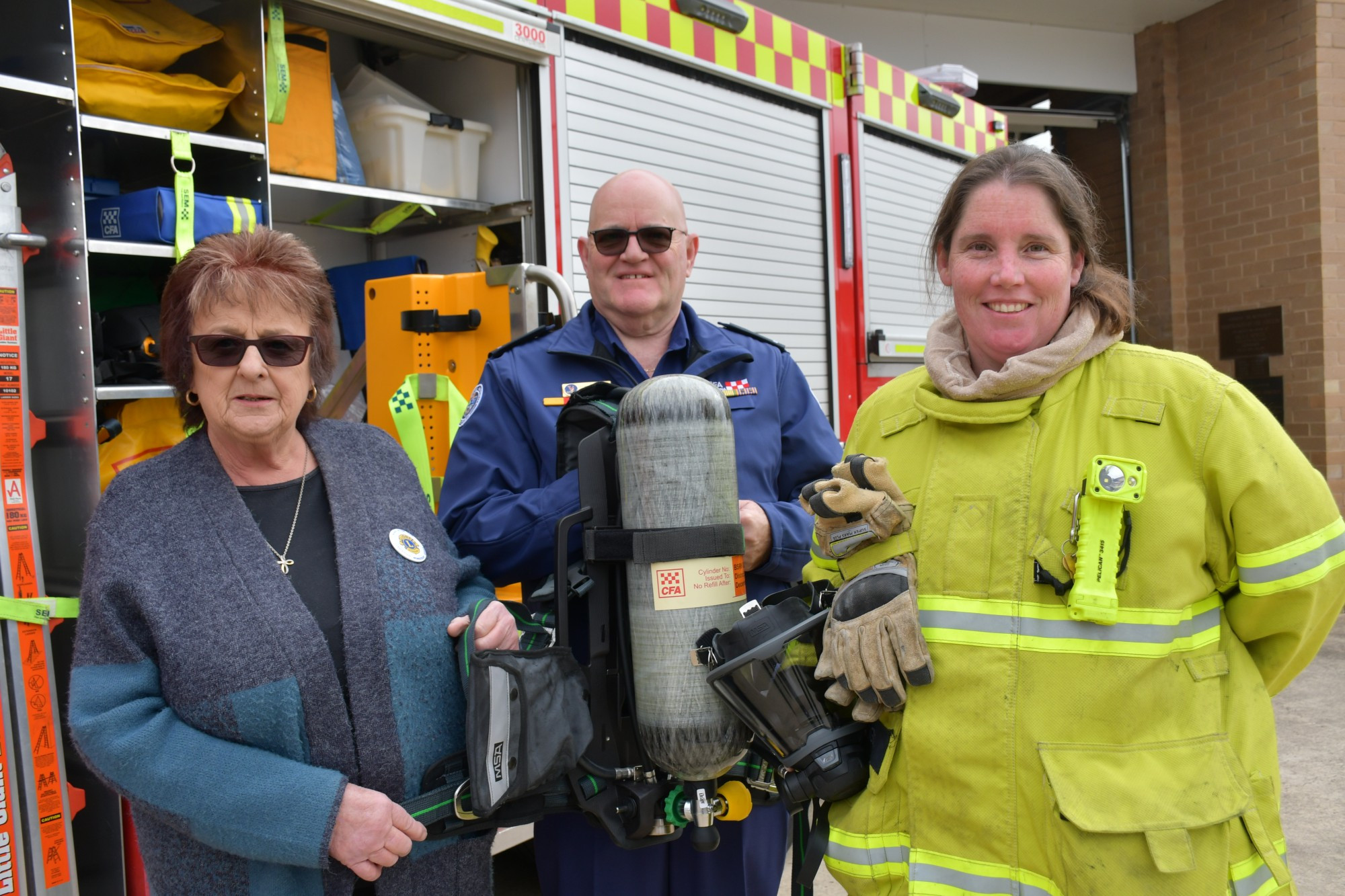 The Maryborough Lions Club’s Lorraine Parker presented The Maryborough Fire Brigade’s Darryl Wagstaff and Isla Douglas with two new breathing apparatus units recently, which will significantly boost the brigade’s firefighting ability.