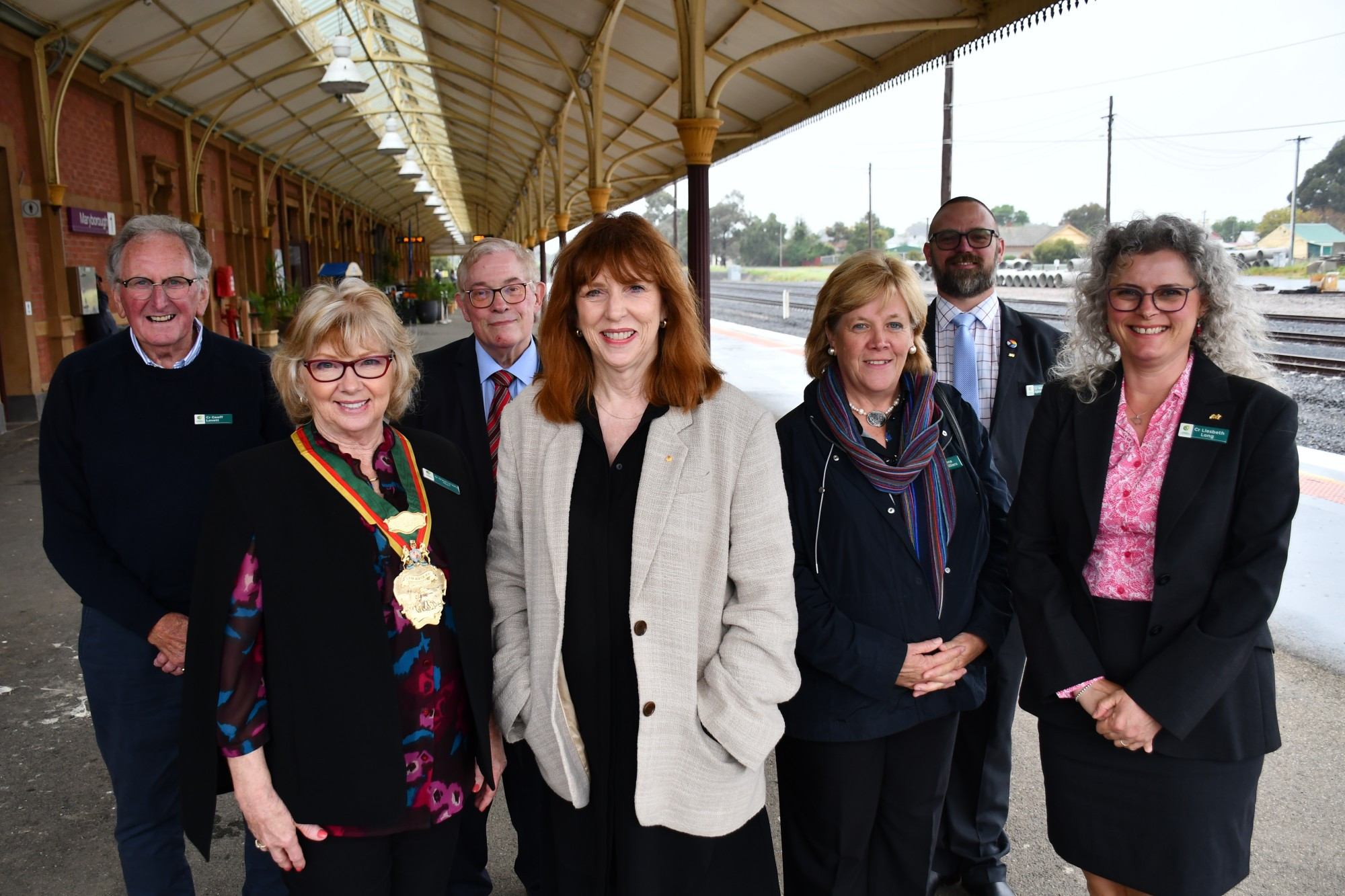 Councillors Geoff Lovett, Grace La Vella, Chris Meddows-Taylor, Anna De Villiers, Wayne Sproull and Liesbeth Long met with (centre) Governor of Victoria Margaret Gardner at the Maryborough Railway Station on Tuesday. Photo: 061023 13