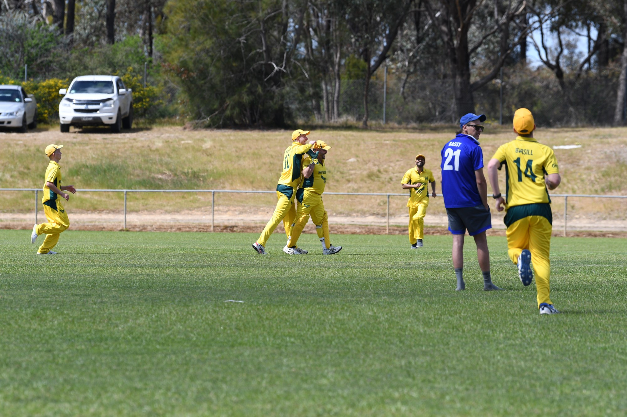 Mitch McClure and Troy Bursill celebrate Maryborough dismissing Luke Tatchell in their loss to Colts Phelans. Photo: 131023 03