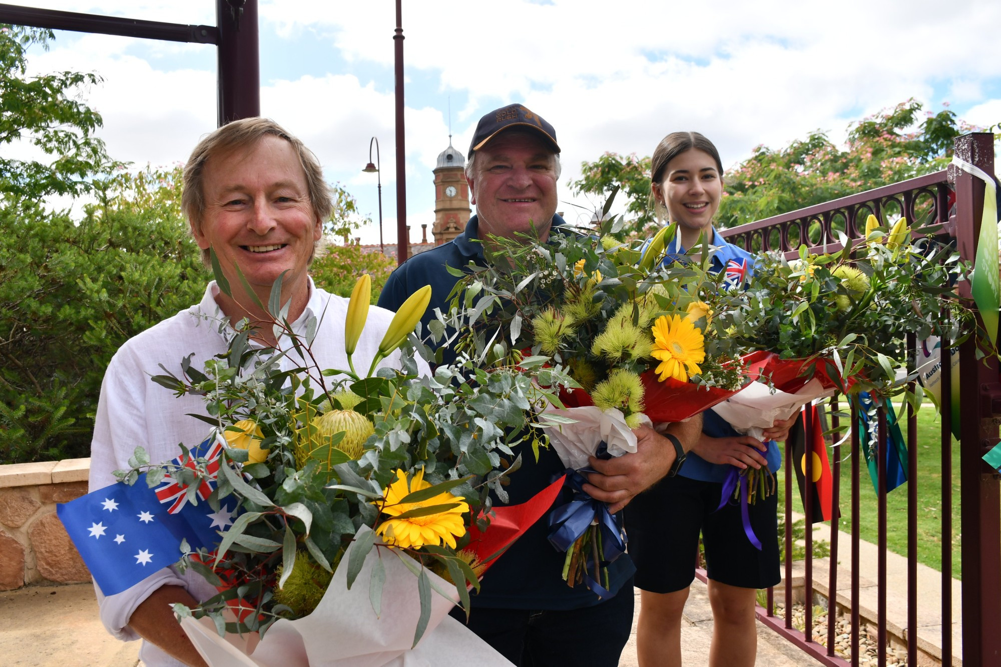 Central Goldfields Shire’s 2023 Citizen of the Year Tony Macer, Community Award winner Dunolly Gold Rush Festival (accepted by Rod Stuart), and Young Citizen of the Year Hannah Lanfranchi. Photo: 270123 22