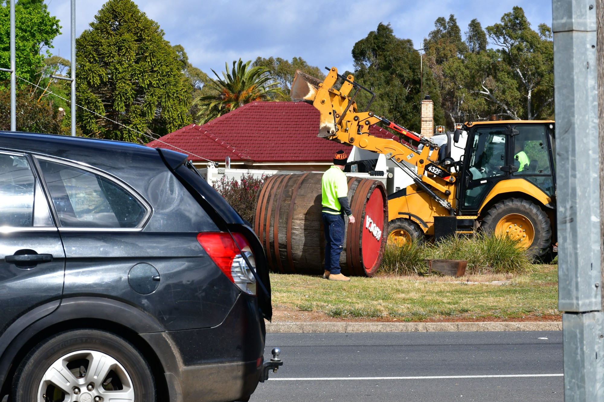 Avoca’s wine barrels were damaged after a traffic accident on Monday.