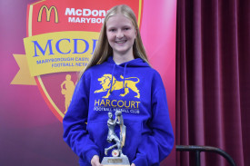 Harcourt’s Tegan McKay took the 15 and under netball trophy. Photo: 080923 25