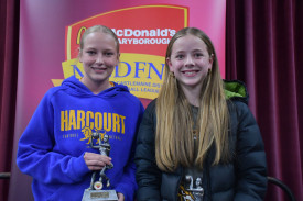 Harcourt’s Maycee Rinaldi and Talbot’s Louella Roche shared the 13 and under netball best and fairest. Photo: 080923 26