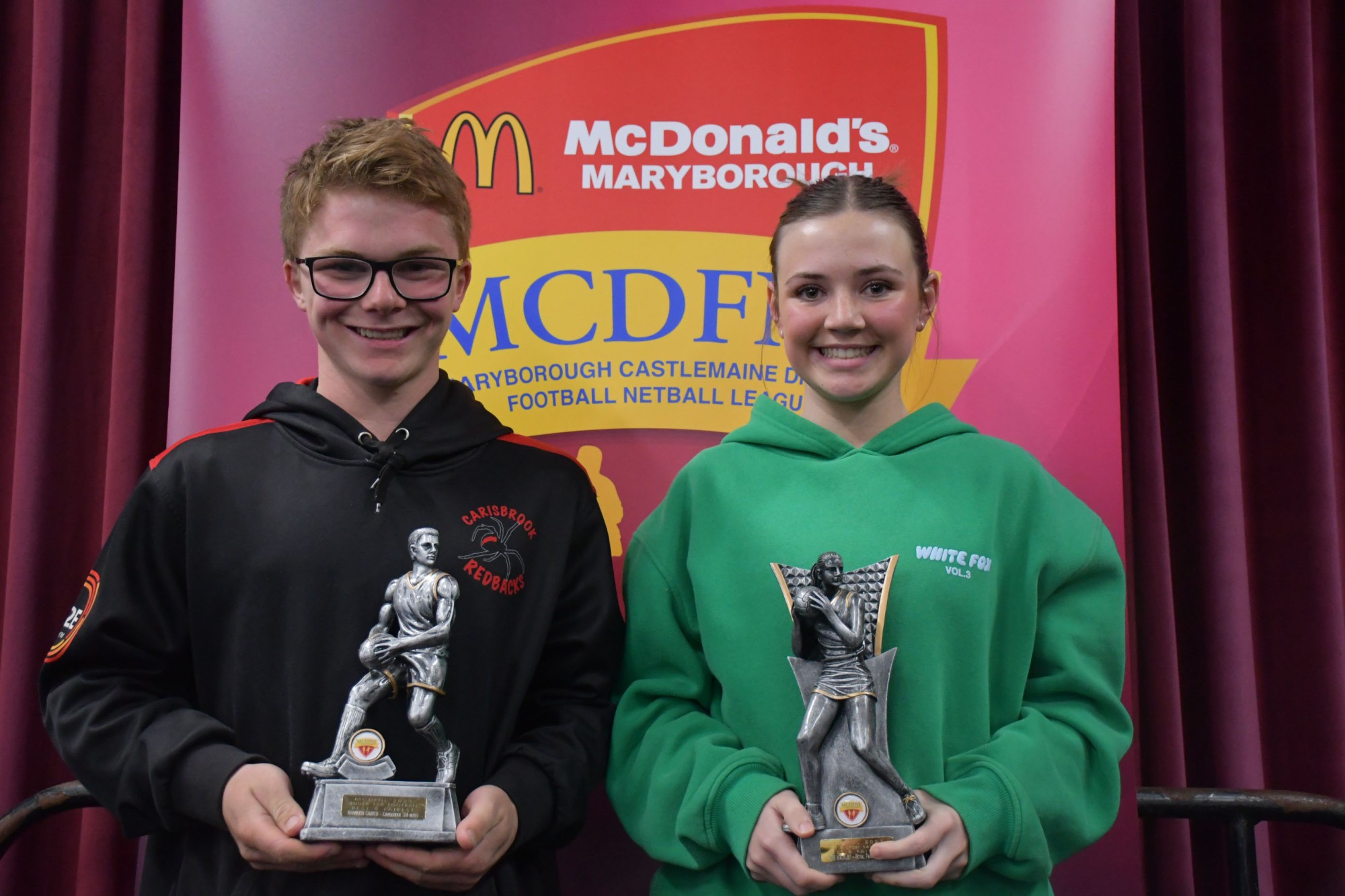 Under 17.5 Best and Fairest footy winner Brandon Carter (Carisbrook) and 17 and under Best and Fairest netty winner Paige Walkley (Royal Park). Photo: 080923 09