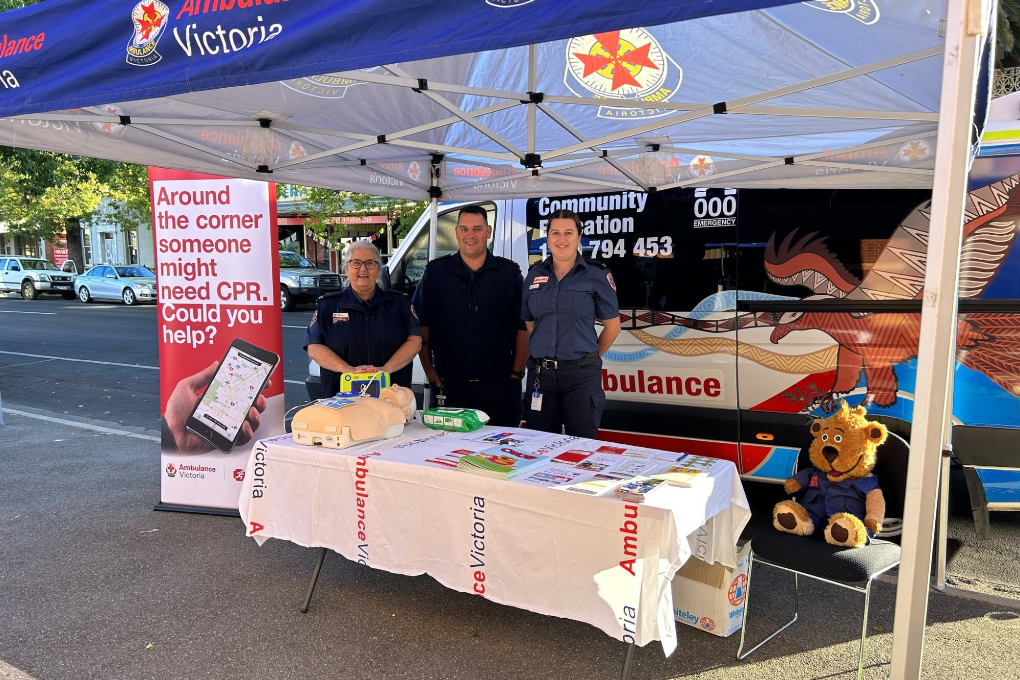 Ambulance community officers Laura Witham, Tyson Taylor and Lynne Gondar at the Heart Safe Community stall at the Dunolly Market recently.