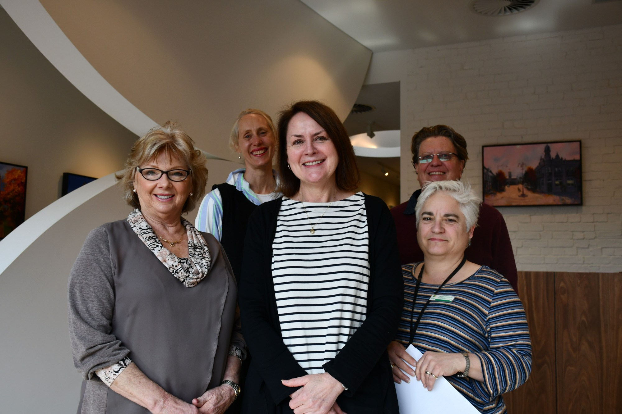 Central Goldfields Shire Council mayor Grace La Vella with the gallery’s Helen Kaptein, Edwina Coller, Glenn McGoldrick and Sandy Coventry celebrated being shortlisted for a major award. Photo: 150923 28