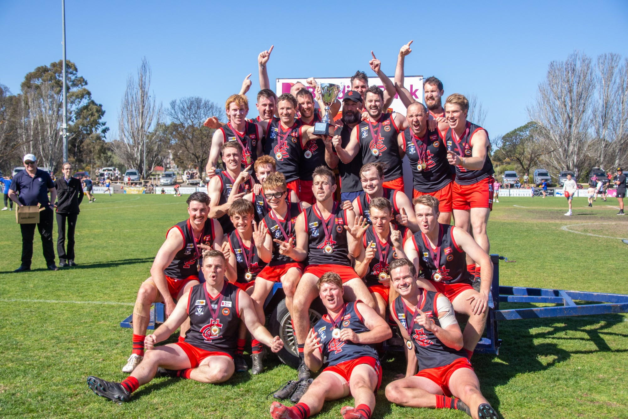 Reserves victors: Carisbrook — Ryan Hudson-Morgan, Nathan Wright, Brandon Carter, Lewis Cain, Tom Wright, Tim Rinaldi, Anden Lever, Brayden Wright, William Cain, Ashley Robinson, Jack Schafer, Harry Cullum, Ben Holt, Bray Bartlett, Alex Sutton, Jayden Taggart, Jake Tachell, Colby Herd, William Coutts, Oliver Rickard, Liam Mottram, Rick Parkinson, and coach Brandon Weatherson. Photo: 190923 40