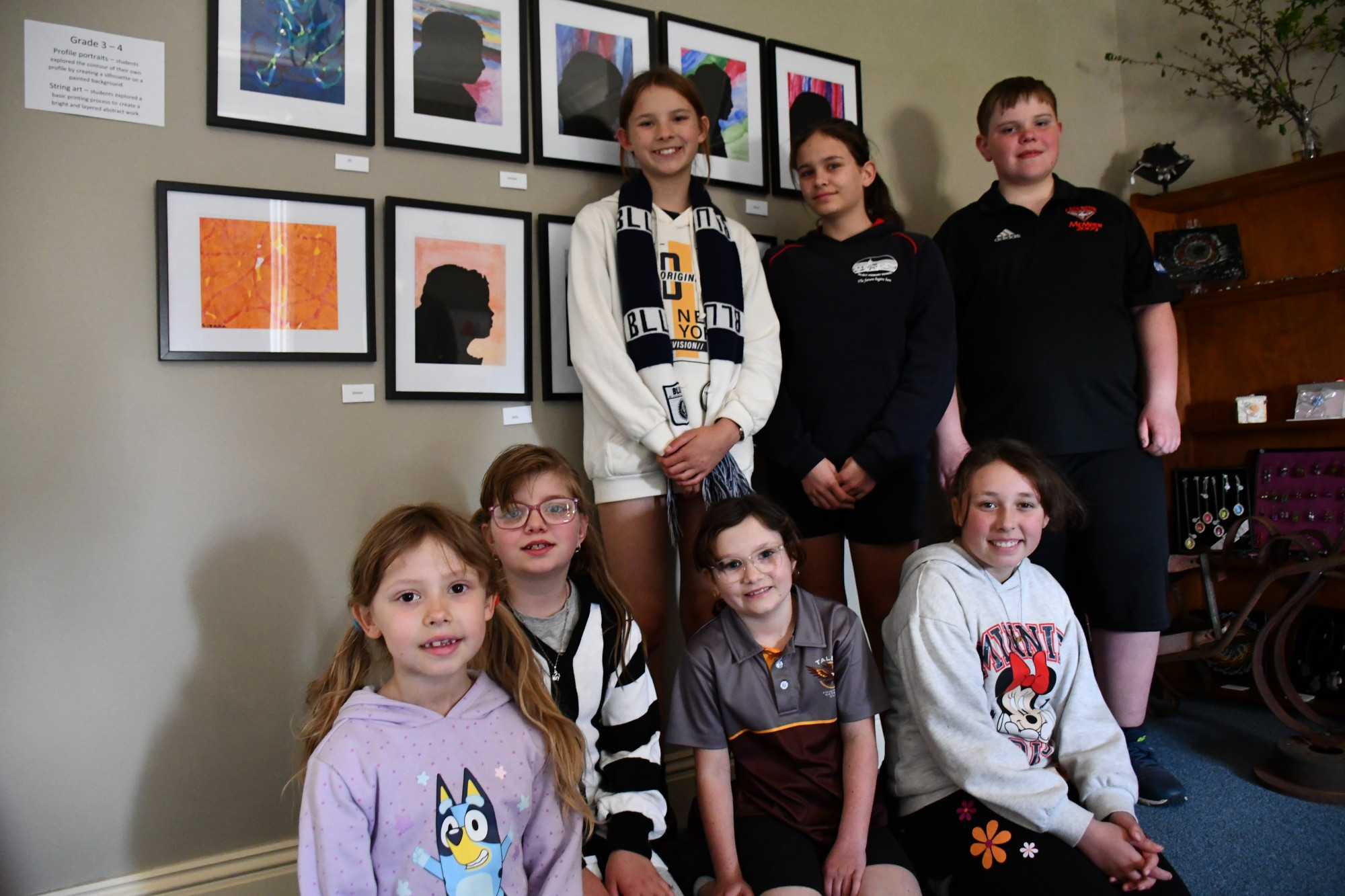 Talbot Primary School students Kajari, Ahmarni, Lachlan, Lola, Amelia and Kealy’s works are currently on display at Dovecote Gallery. Photo: 220923 18