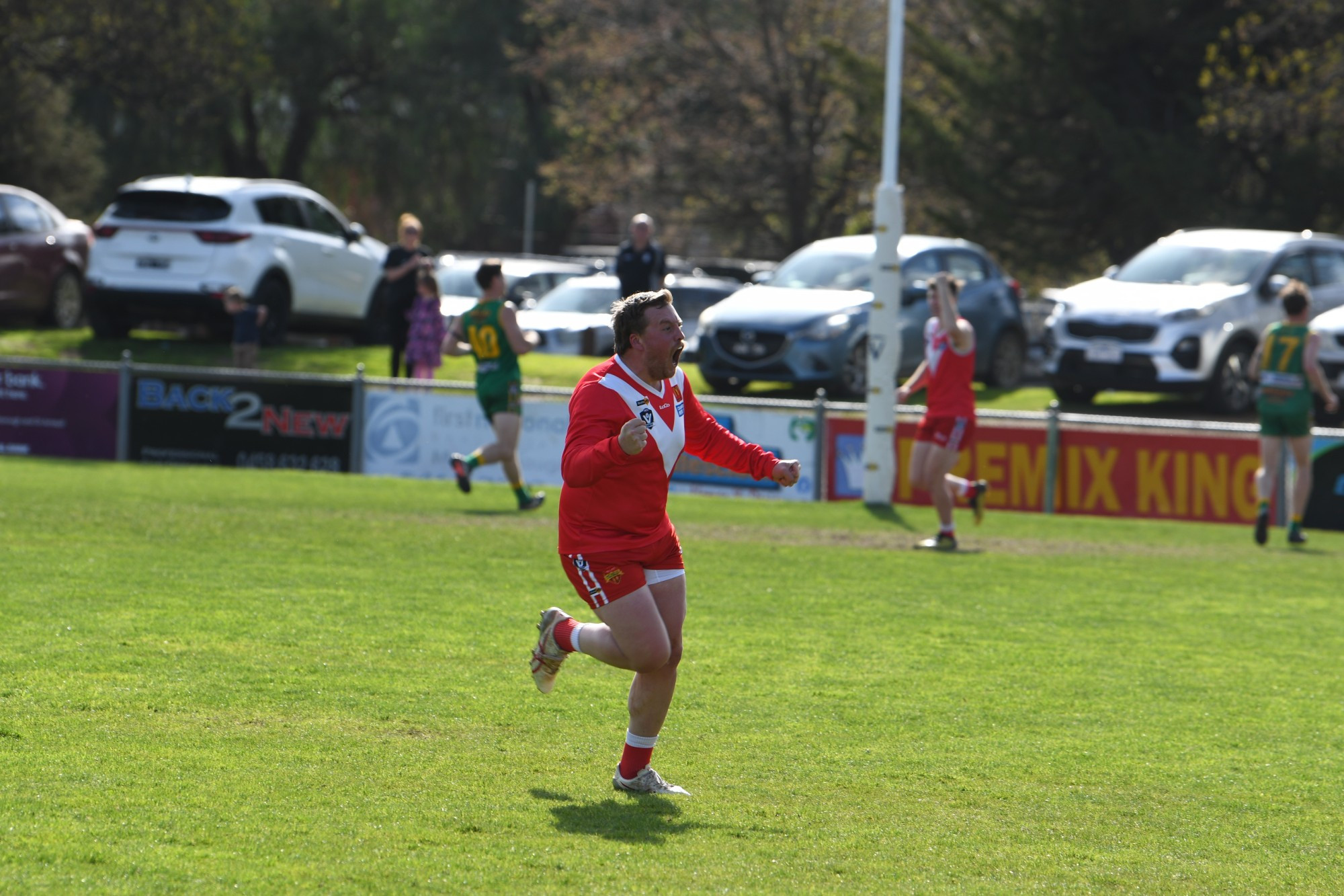 Trent Mortlock celebrates getting Natte Bealiba on the board in their semi-final win against Navarre. Photo: 260923 08