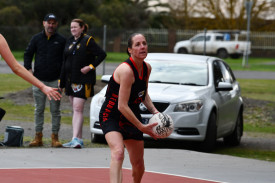 Carisbrook’s Sherriden Byrne looks to get the ball away in their round 14 win against Royal Park. Photo: 260923 07