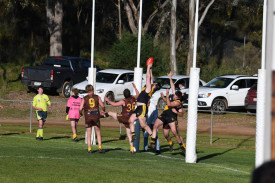 Royal Park’s Jacob Rollason takes a big mark on the goal line in the club’s final game against Talbot. Photo: 260923 01