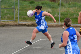 Newstead’s Beppina Marshall does her utmost to keep the ball in, in their round 14 clash with Talbot. Photo: 260923 04