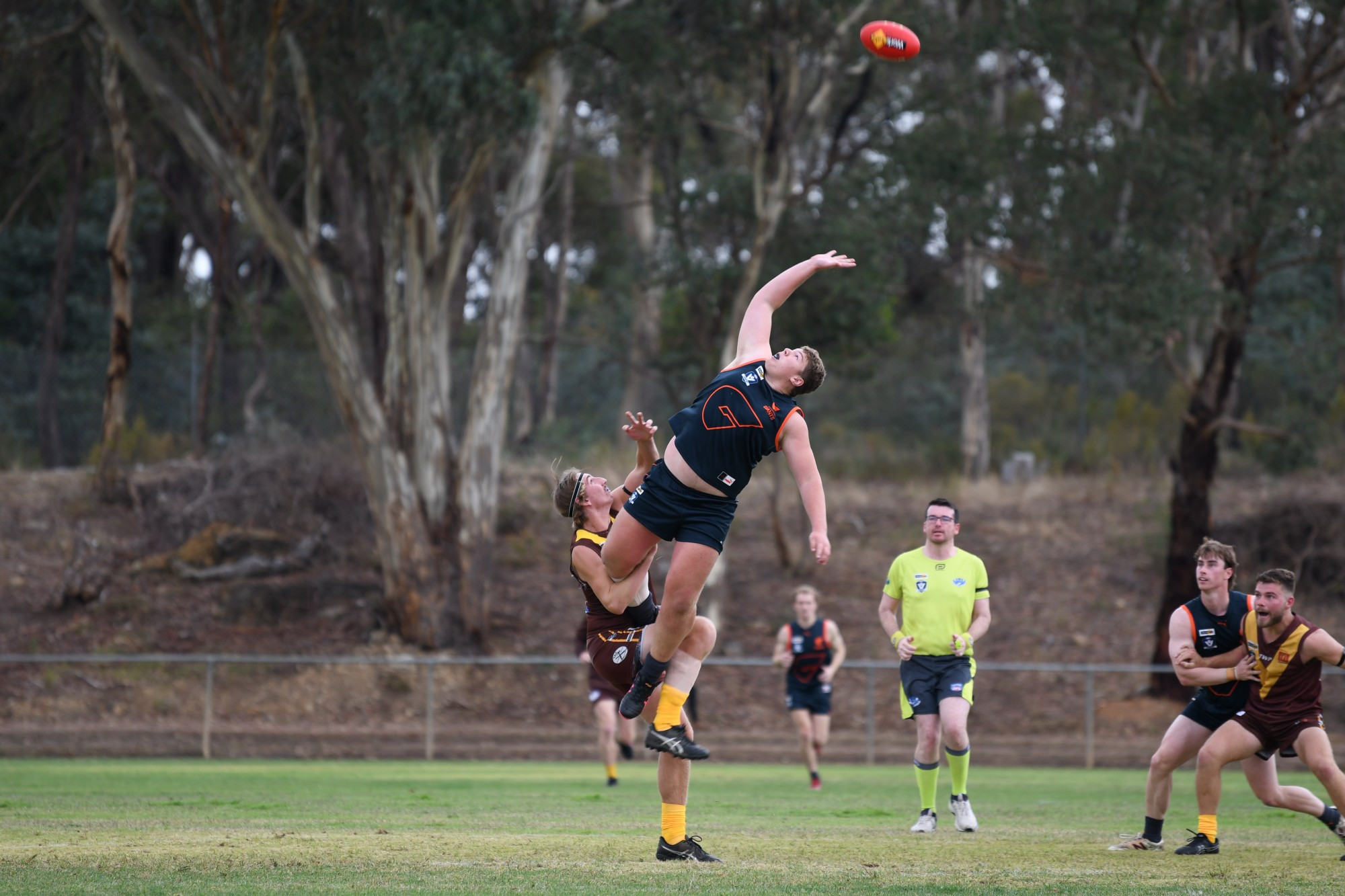 Maryborough Giants’ Jack Broad takes flight to open up the second quarter in the ruck, earning a free kick from this ruck contest.