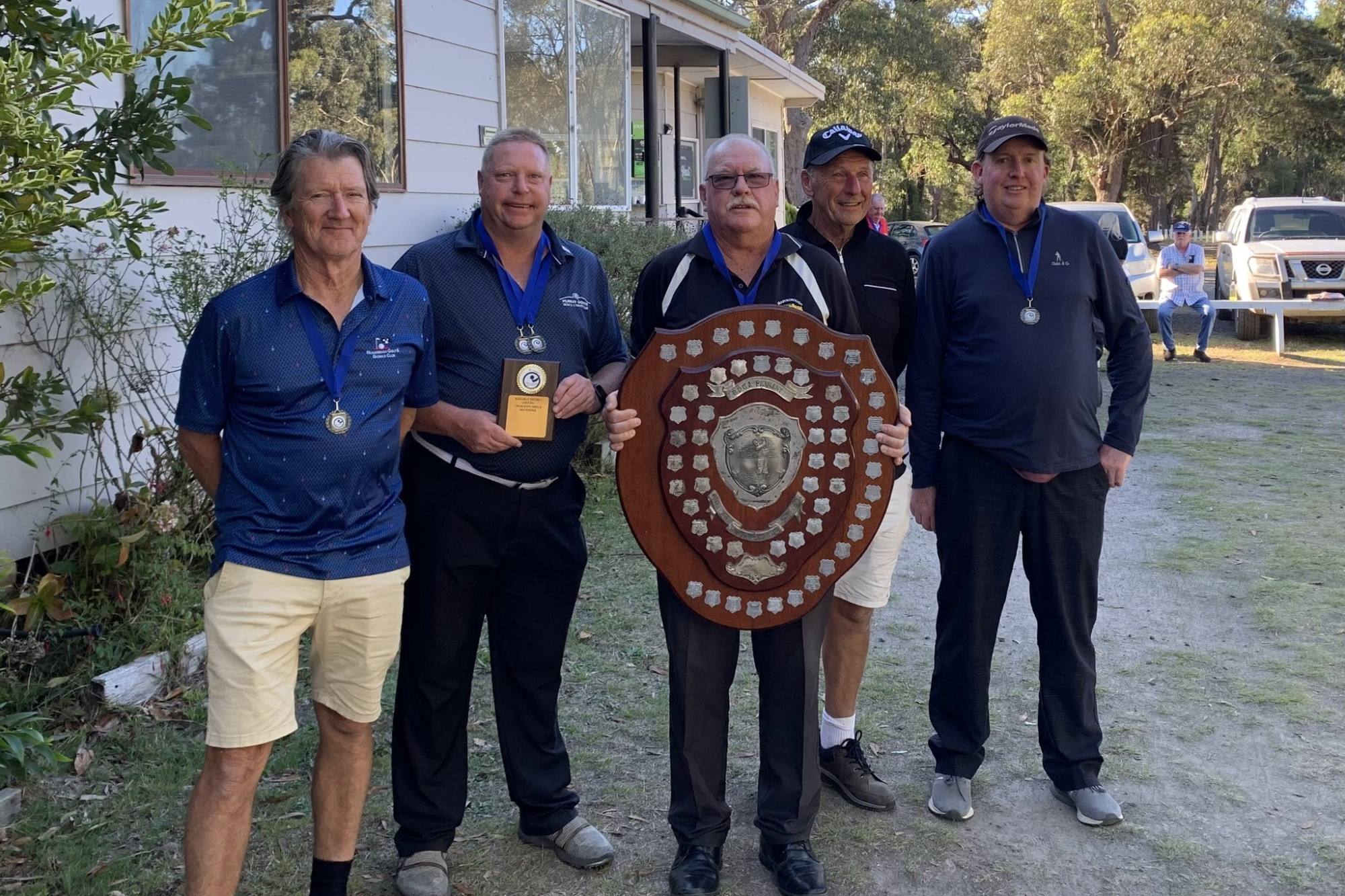 The winning Maryborough Golf Club Charleson Shield team of Tony Reeves, Anthony Passalick, Stuart Argall (captain), Gary Reed and Rob Daniell. Photo: Maryborough Golf Club results Facebook page.