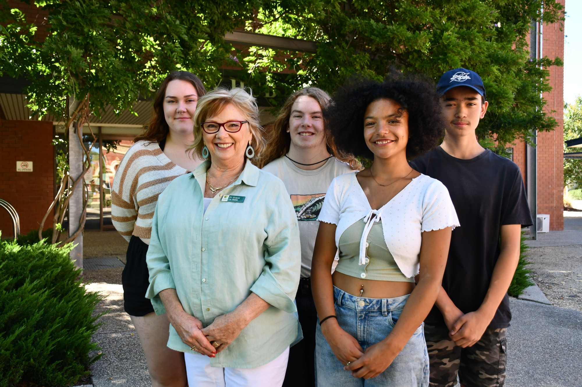 Former youth councillors Elizabeth Lewington, Silas Knighton-Weire, Safhira Rowe, Tiago Santos and councillor Grace La Vella (second from left) are encouraging young people in the shire to join the Youth Council.