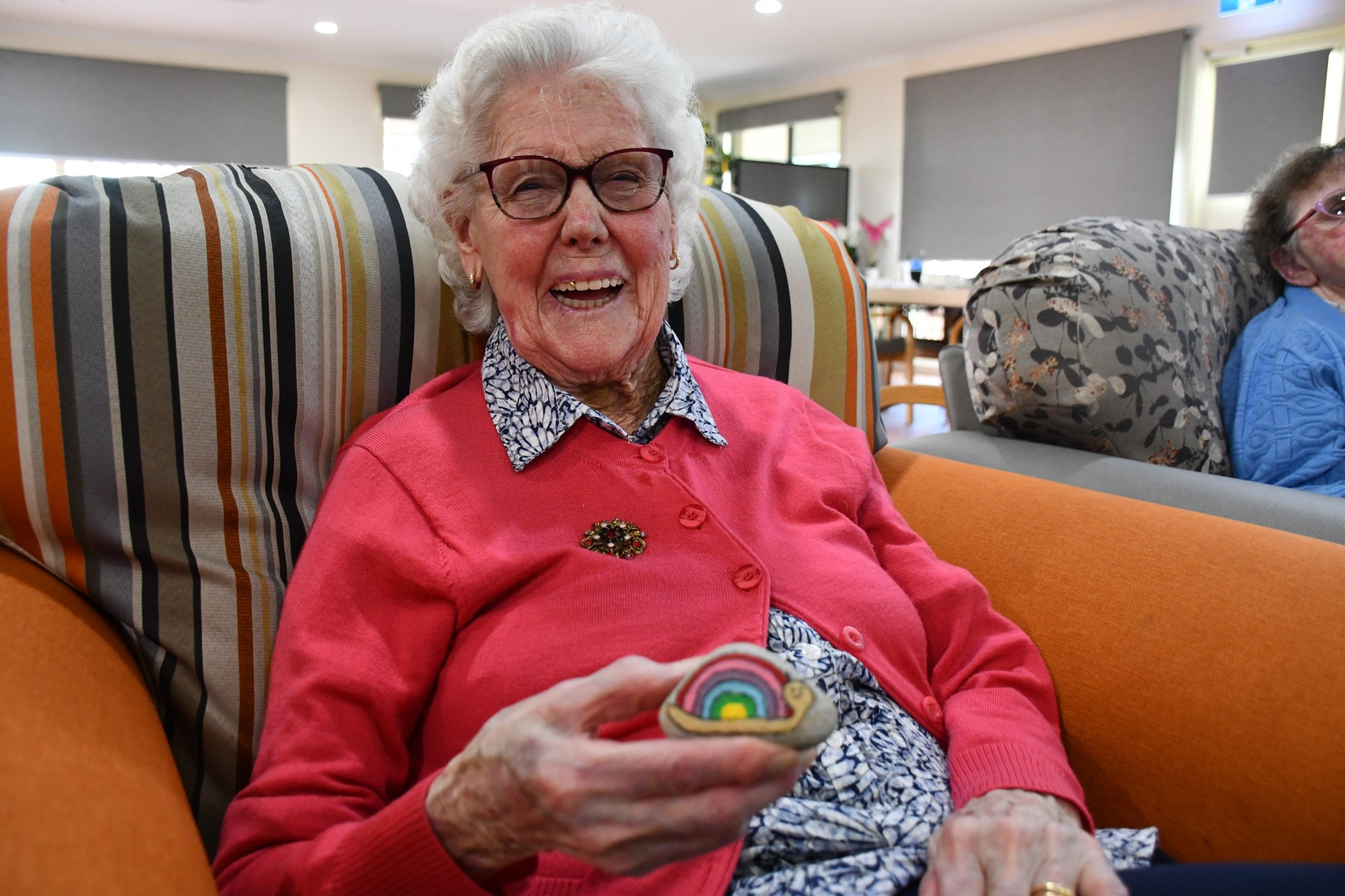 Havilah’s residents have been very busy of late, donning aprons and paintbrushes to decorate rocks as part of a new program centred around creativity and engagement. The rocks form part of the VicRocks initiative and will be placed around town for children to find and enjoy. The smile on resident Betty Bishop’s face shows just how much fun the residents have had. Photo: 120124 03