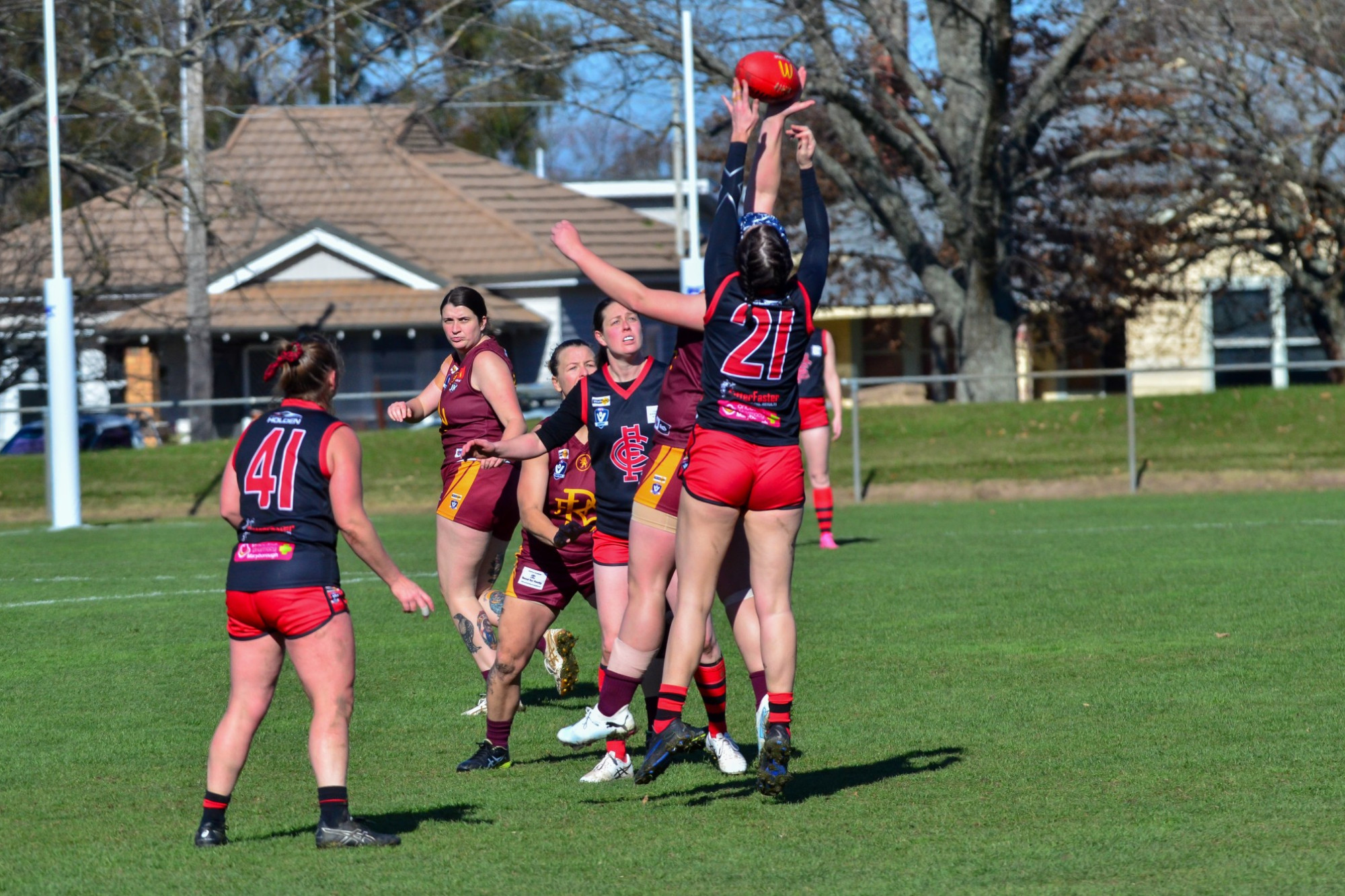 Bonnie Smart flies high in the ruck for the Redbacks.