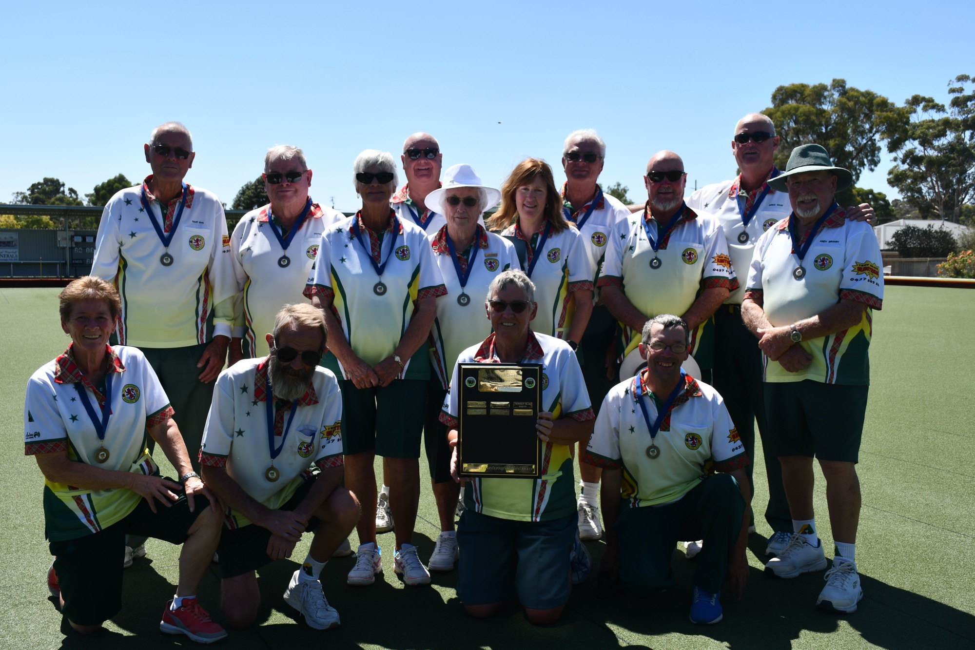 The victorious Highland Tartan celebrates their success at the Avoca Country Golf Bowls Club after a terrific final against Dunolly Blue.