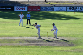 Lachie Condie defends with the bat on Sunday morning. 