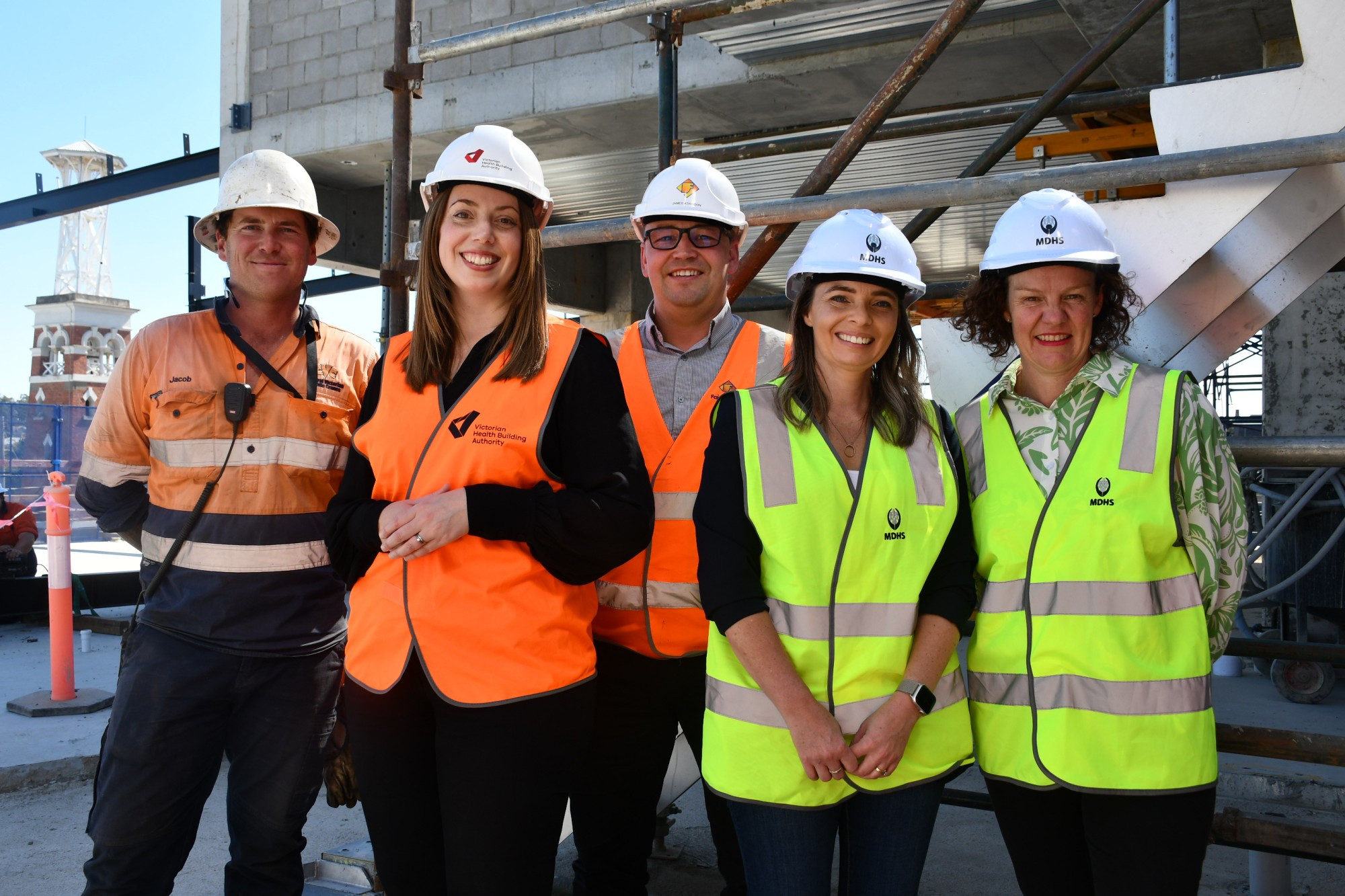 Construction worker Jacob Jones, Member for Ripon Martha Haylett, project manager James Atkinson and Maryborough District Health Service’s Kelly Mason and Nickola Allan are thrilled with the hospital’s progress.