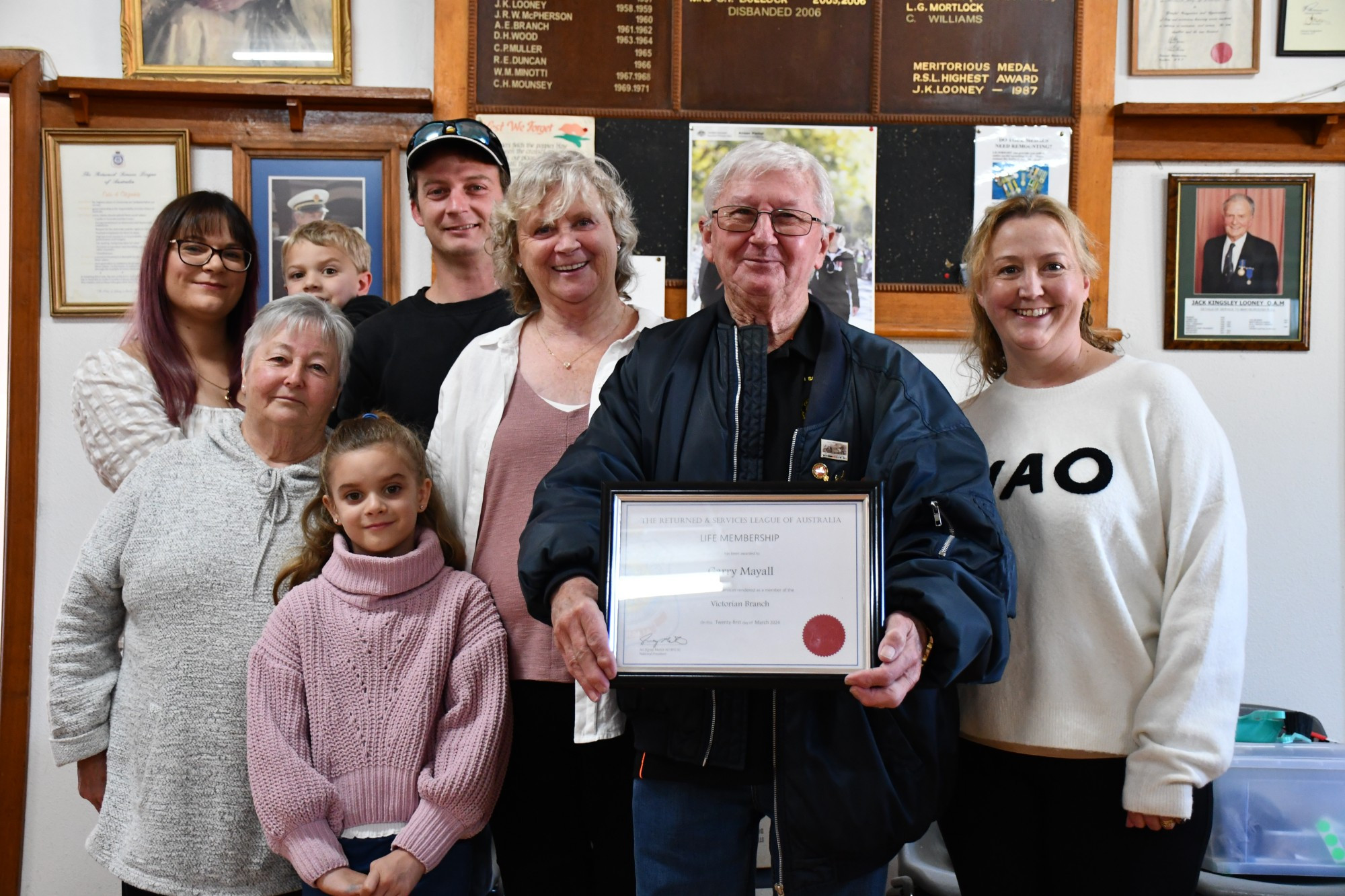 Maryborough RSL sub branch treasurer Garry Mayall was surrounded by loved ones as he received his life membership.