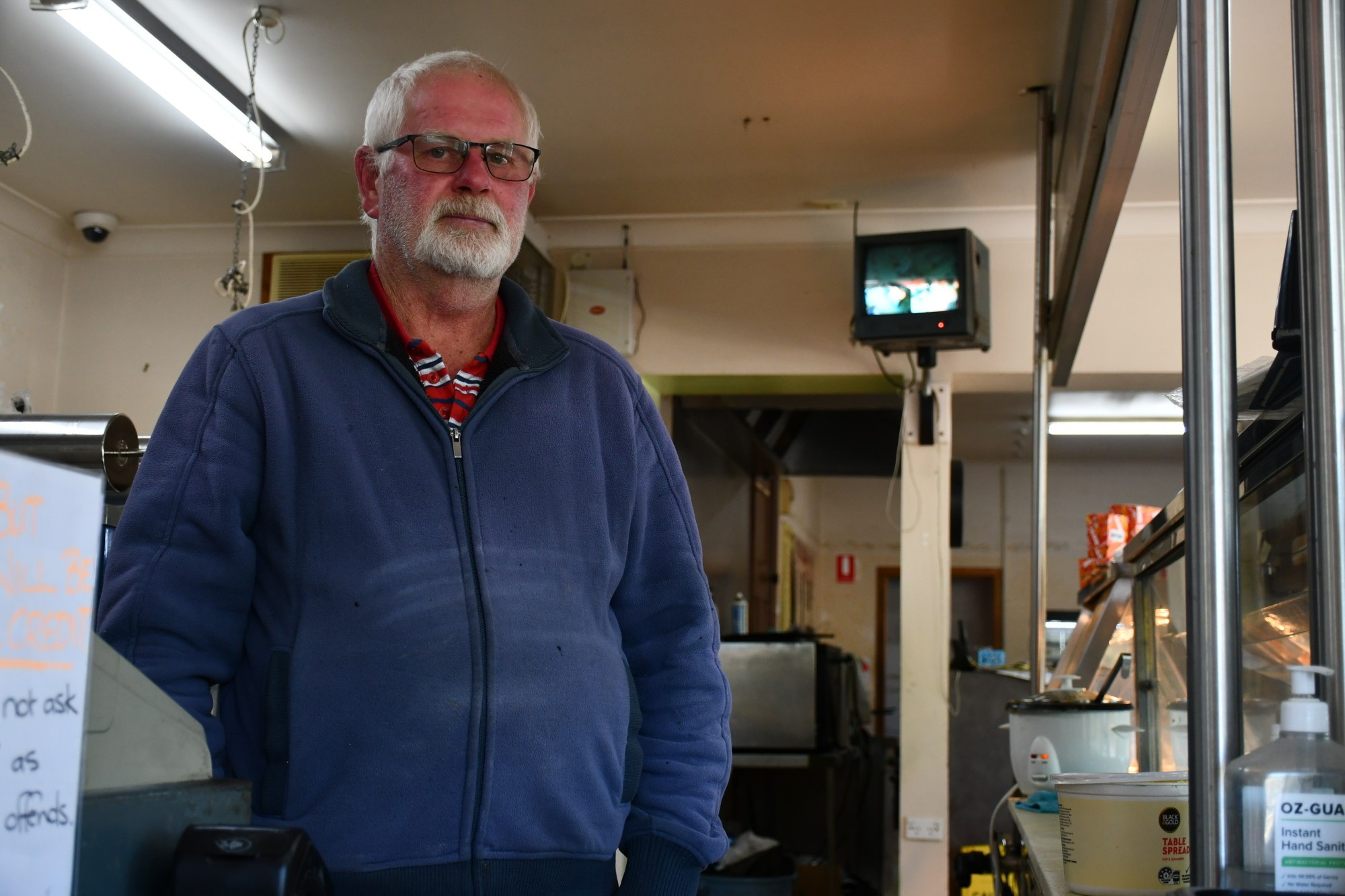 Bumpa’s Woodoven Bakery owner John Raeburn was shocked to see the window smashed courtesy of a thrown rubbish bin.