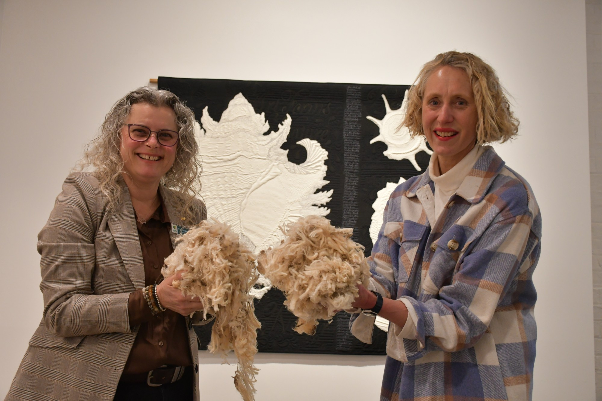 Central Goldfields Shire mayor Liesbeth Long and Central Goldfields Art Gallery coordinator Helen Kaptein are inviting residents to have a yarn and enjoy the Expressions exhibition.