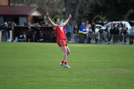 Will Holt celebrates his second goal for Natte Bealiba in the first quarter.